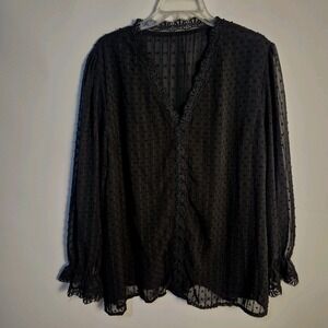 Women 3X Black Sheer Swiss Dot Lace Witchy Goth Boho Top